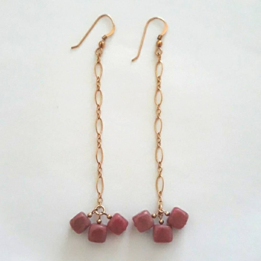 NWOT Rhodonite Gemstone Dangle Earrings set with 14K Gold-filled Metal.